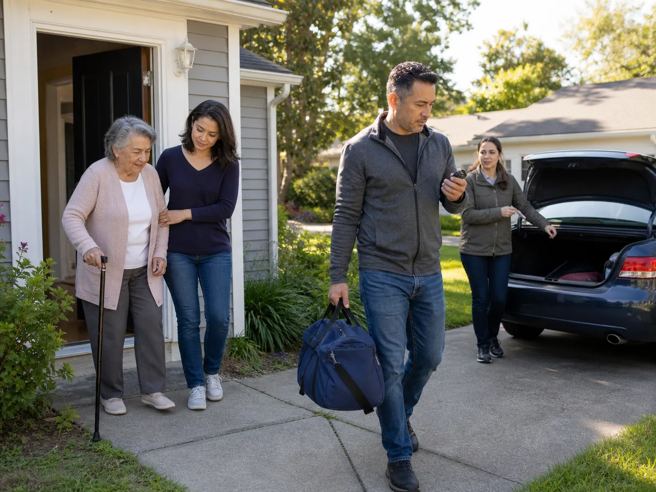 Adult daughter guiding her elderly mother with a cane during an evacuation practice drill while another helper carries a bag near a waiting car
