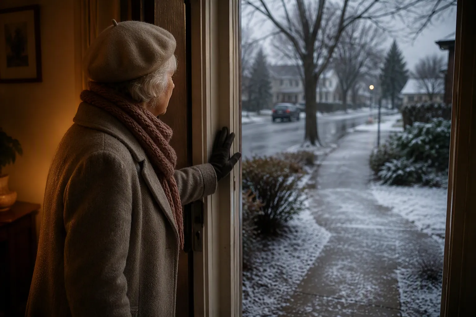 Older adult standing at an open doorway and looking out at a snowy, icy street