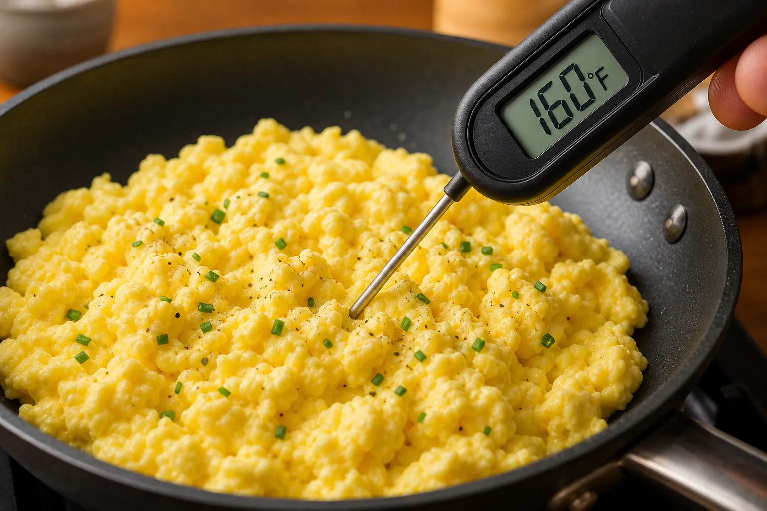 Digital food thermometer showing 160°F in cooked scrambled eggs