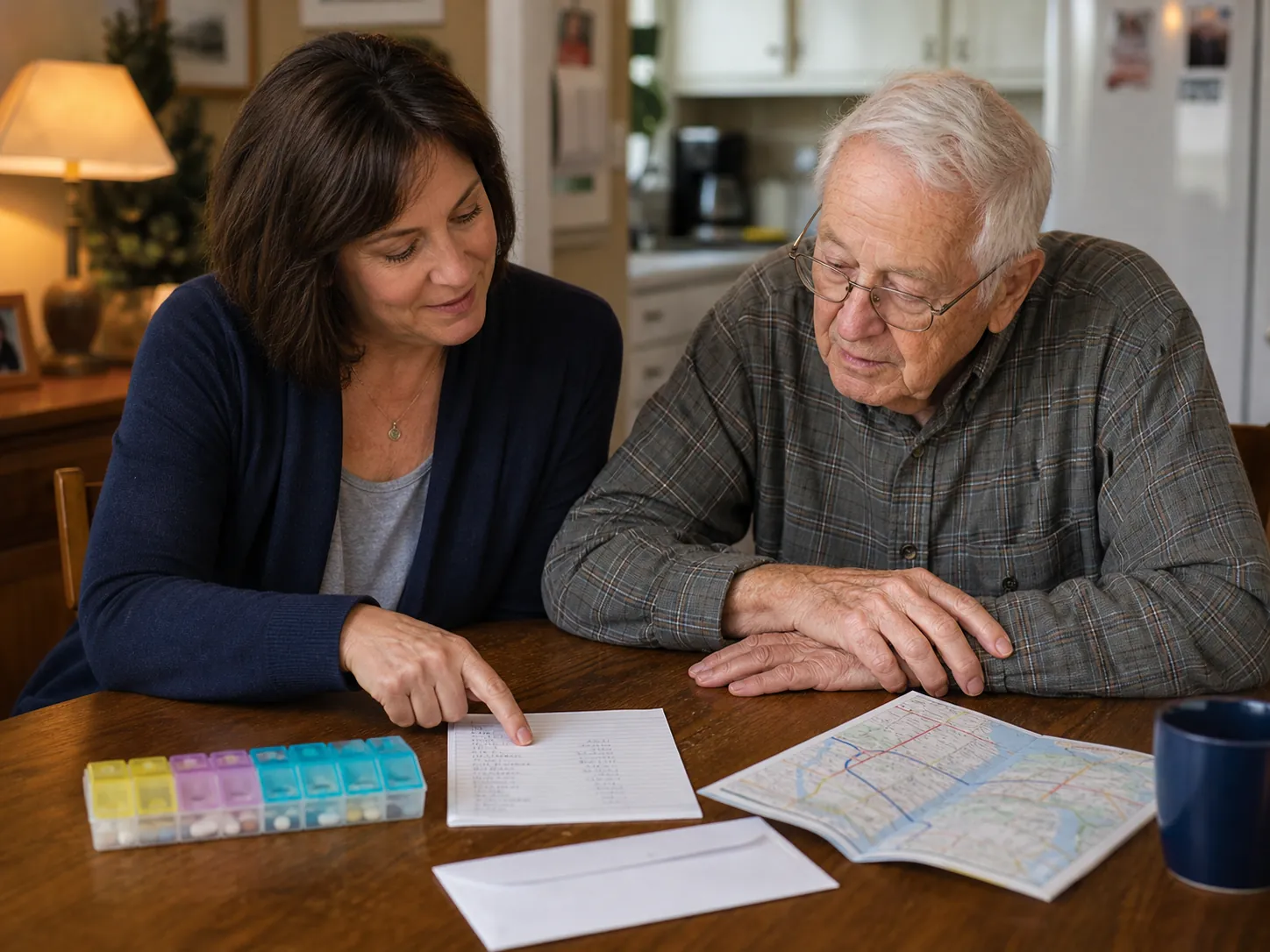 Adult daughter and elderly father reviewing pills, a grocery list, a bank envelope, and a transit map at a kitchen table