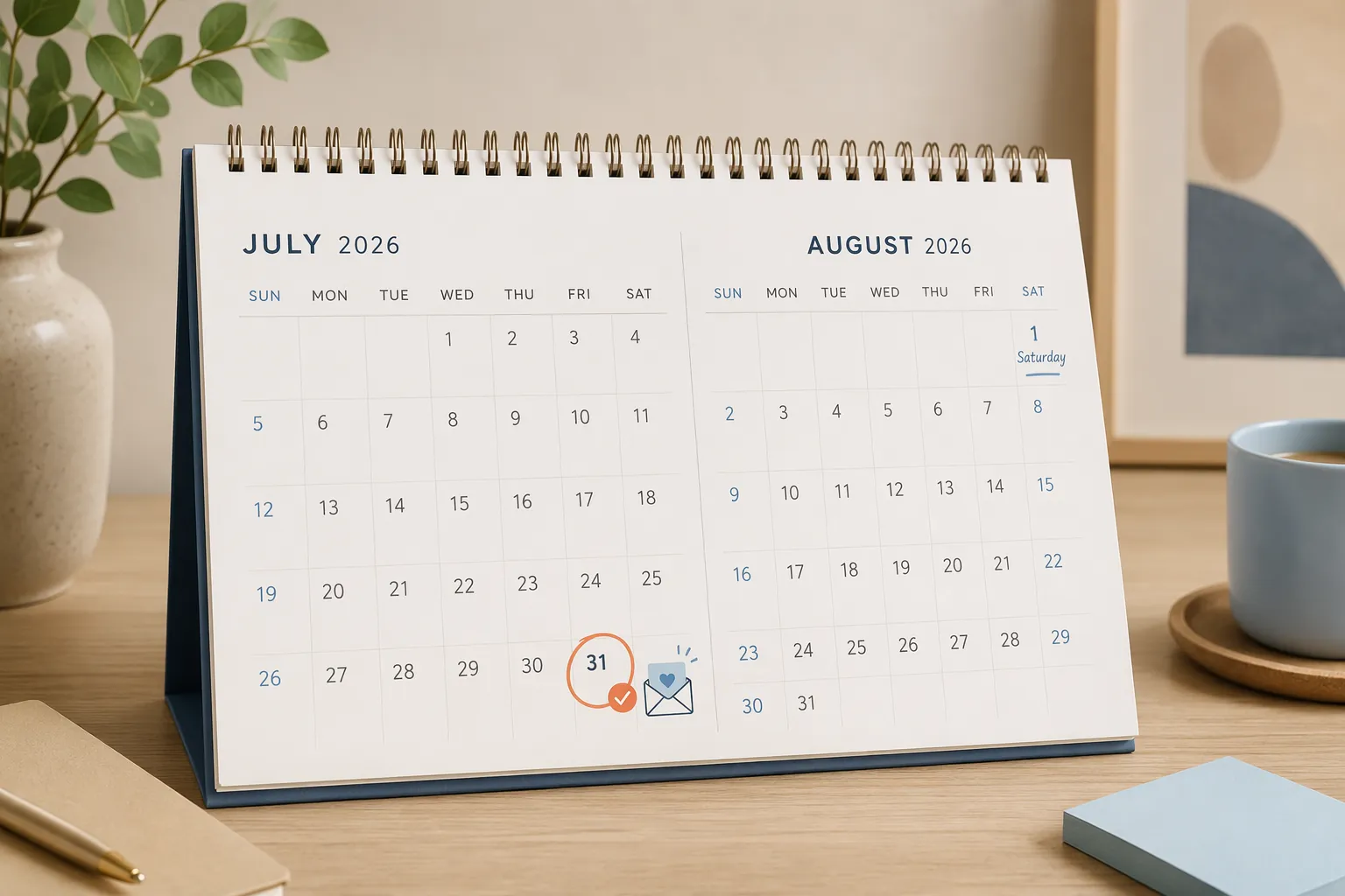 Desk calendar showing July 31 circled and August 1 marked as Saturday, with a payment envelope icon near July 31