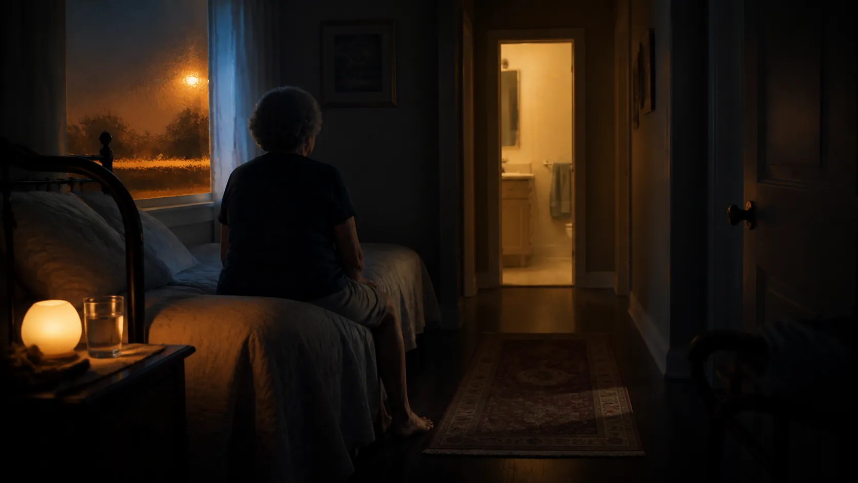 Older adult sitting on the edge of a warm dim bedroom at night with a bathroom doorway ahead and a throw rug on the floor