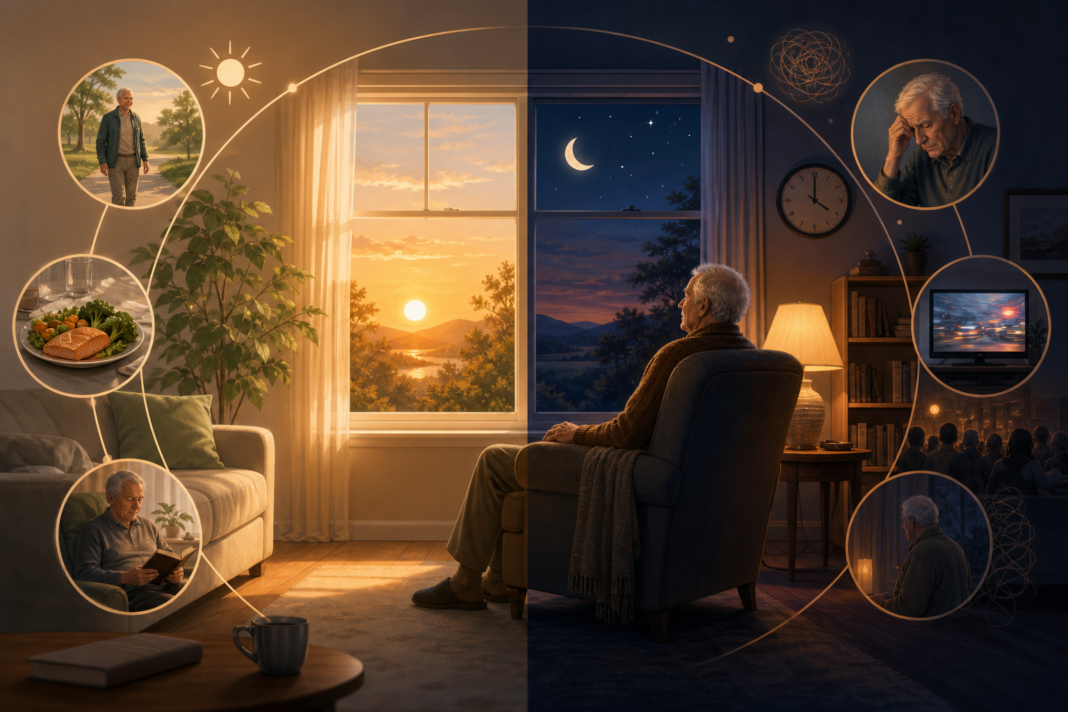 A split-view illustration showing a living room transitioning from a calm daytime scene to a dimmer nighttime setting with soft amber lights.