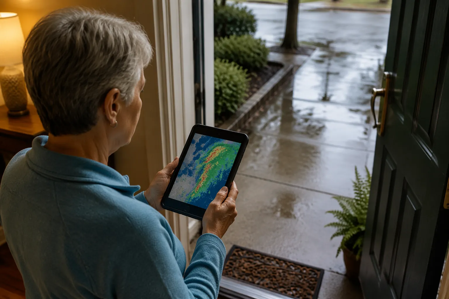 Older adult checking a colorful weather radar map on a smartphone at an open doorway with wet pavement outside