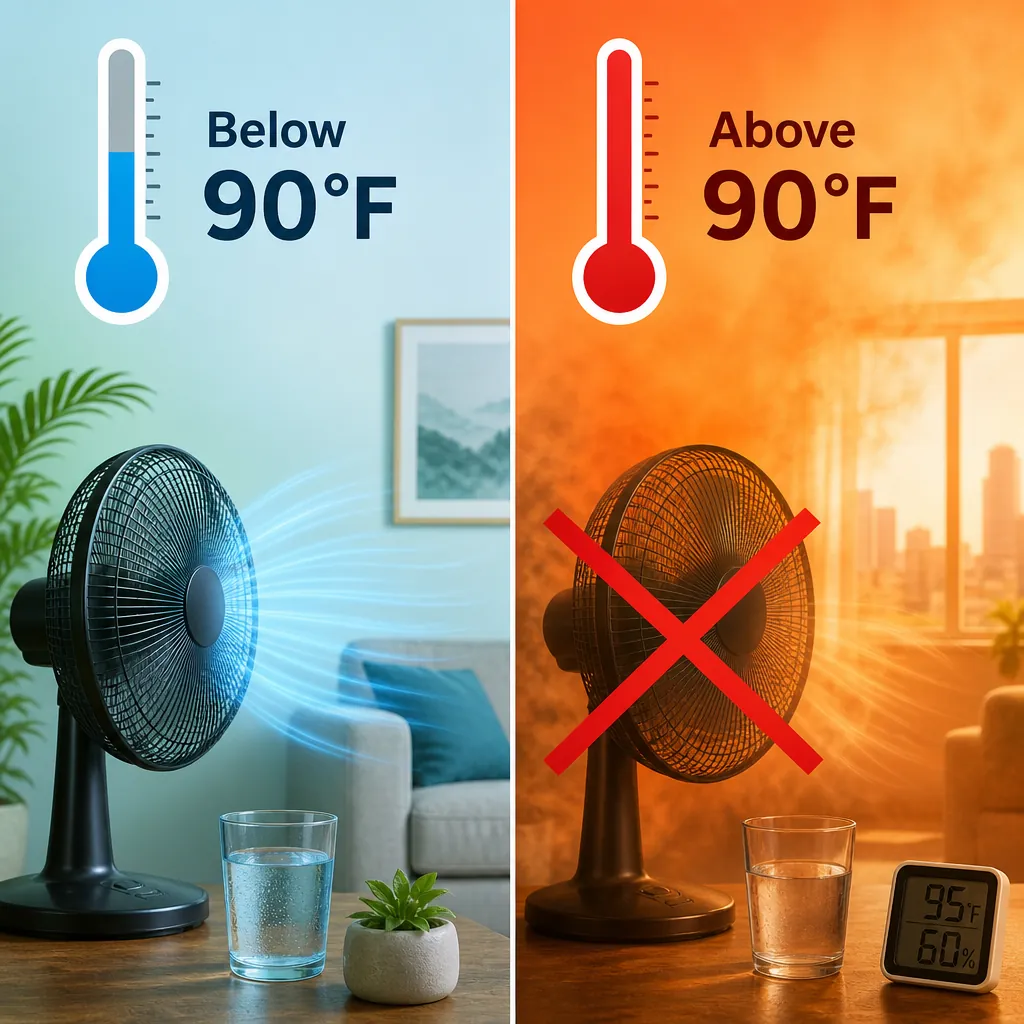 Comparison showing a fan as acceptable below 90°F and crossed out above 90°F