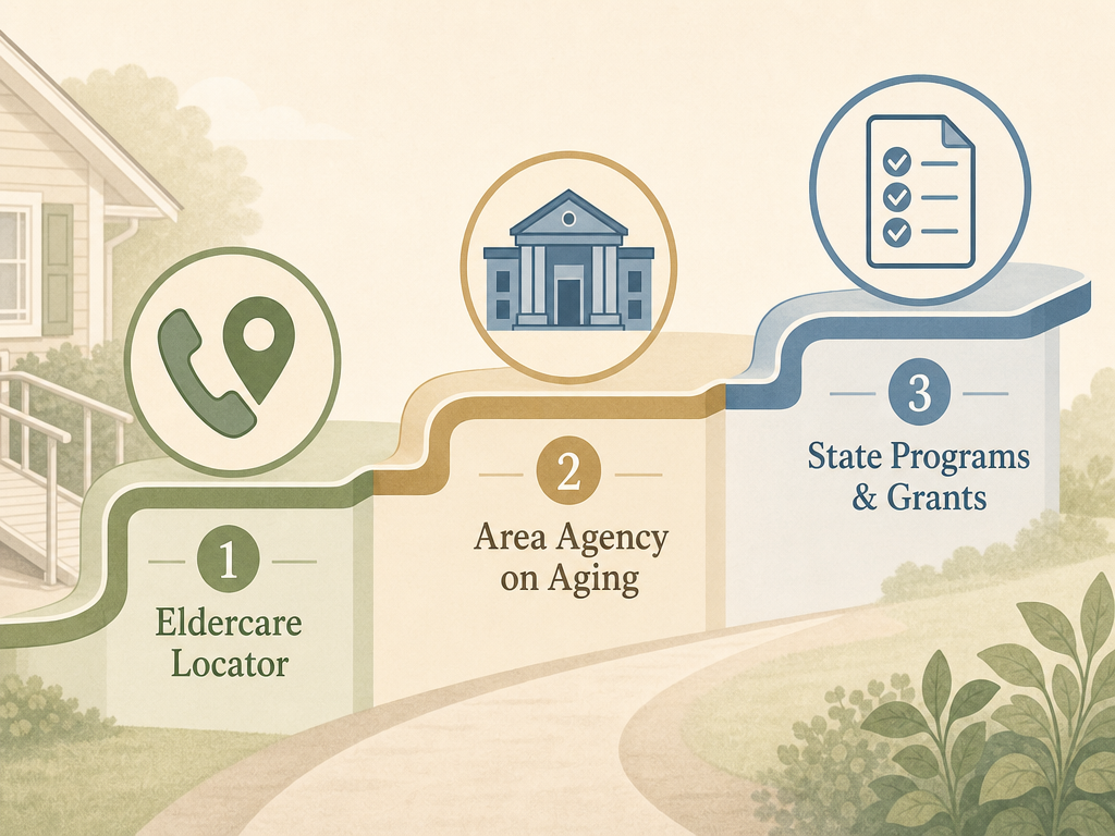 Three-step editorial roadmap illustration showing Eldercare Locator (phone icon), Area Agency on Aging (building icon), and State Programs & Grants (document icon) connected in a pathway.