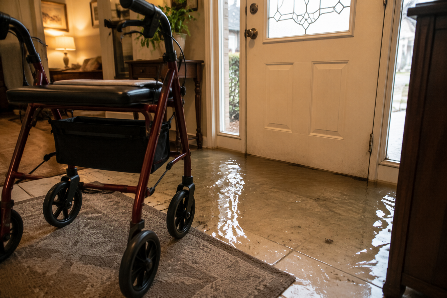 Walker positioned at the edge of shallow floodwater inside a home entryway