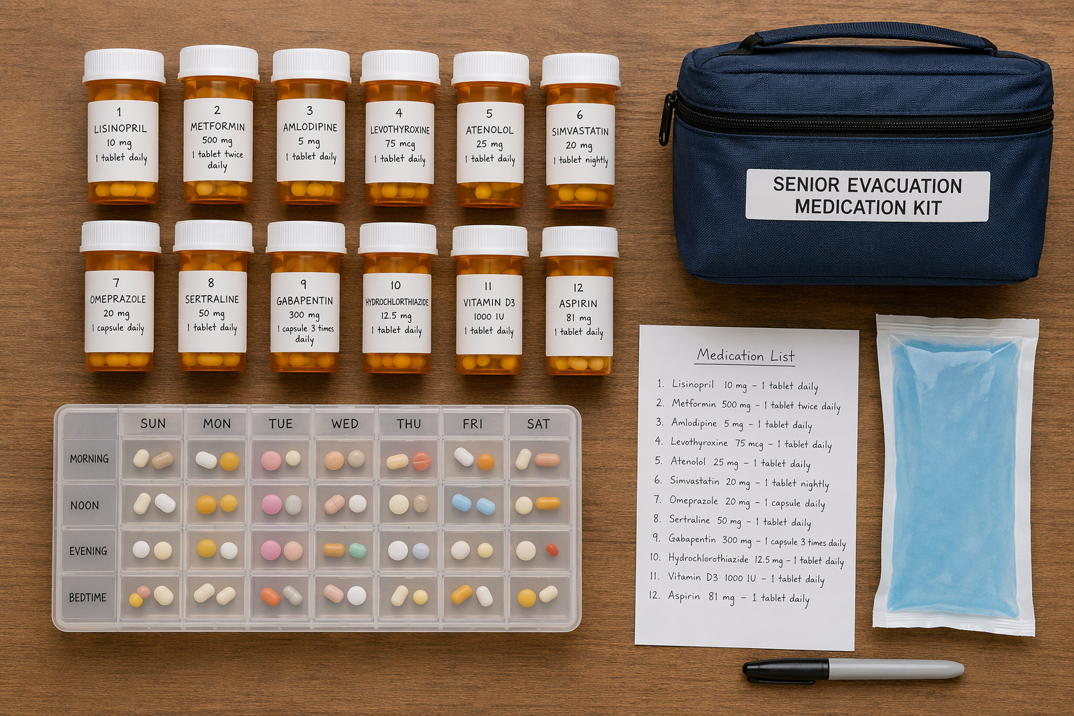 An overhead view of a senior evacuation medication kit with prescription bottles, a pill organizer, a cooler pack, and a medication list