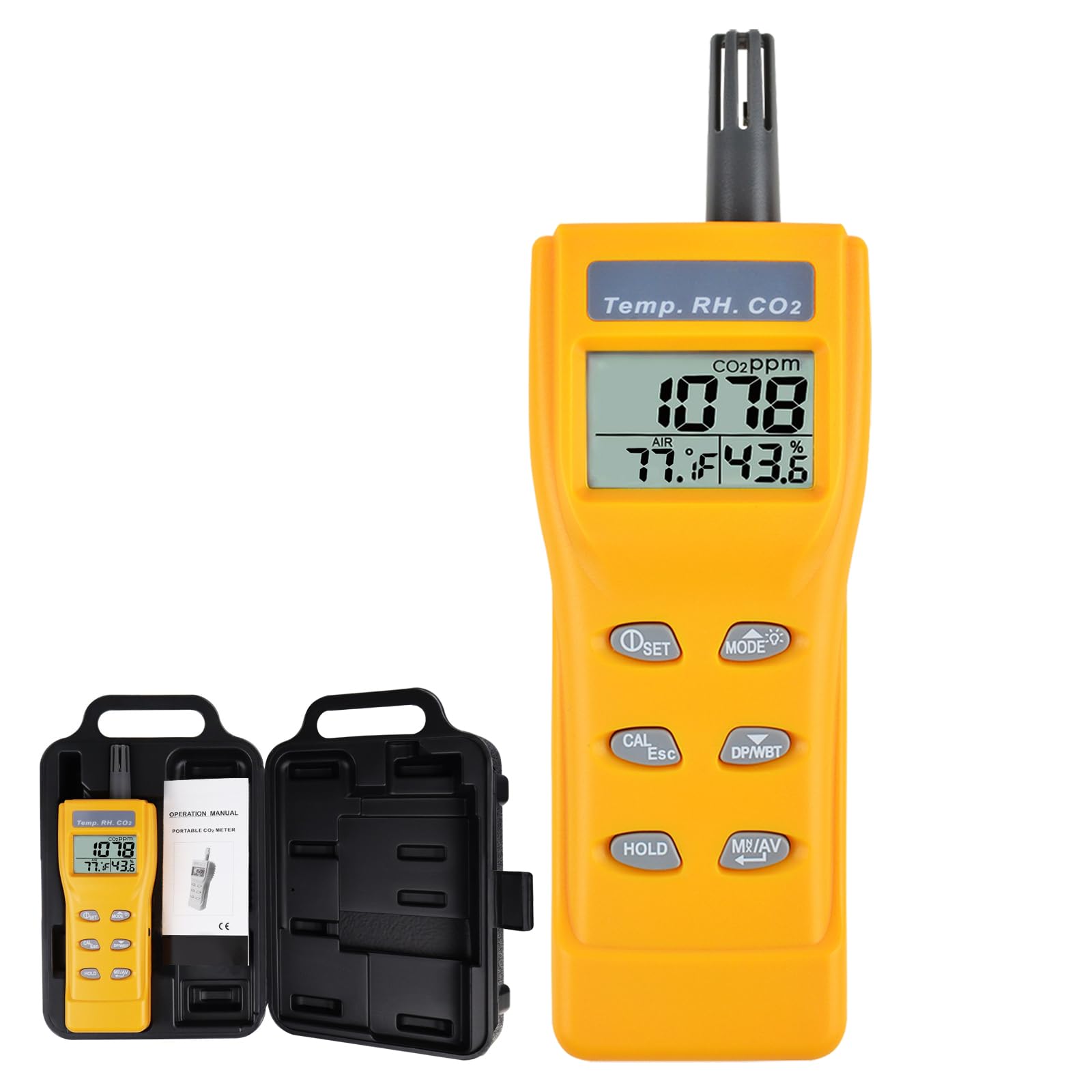 Portable white carbon dioxide monitor with a digital display on a surface