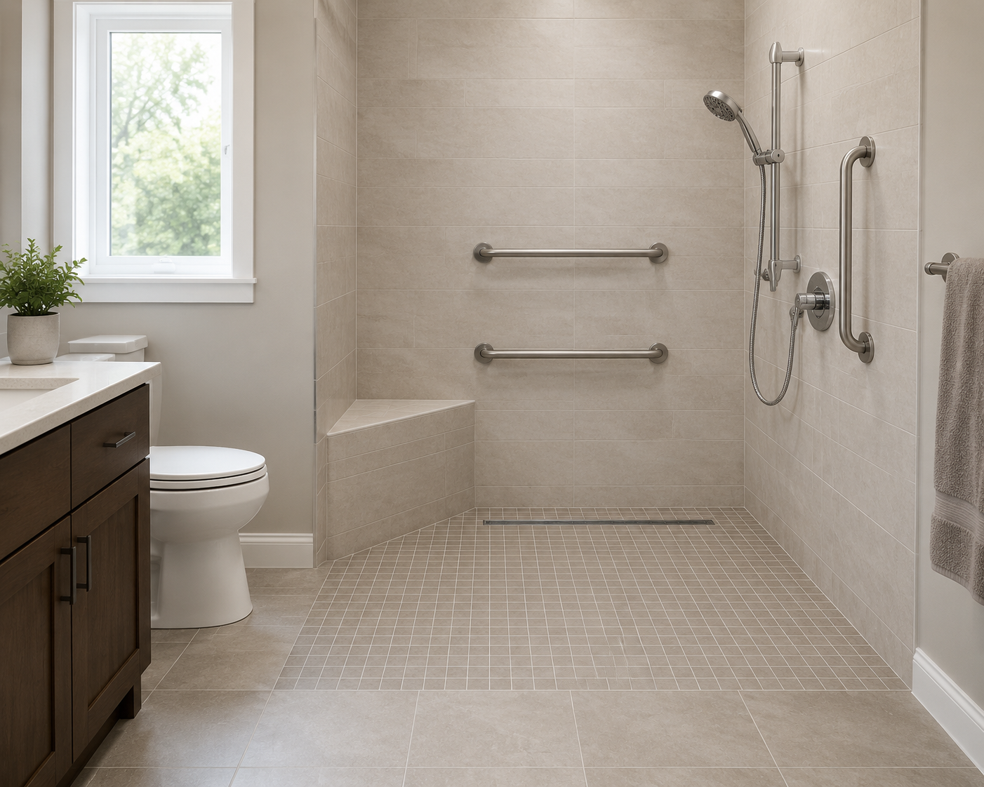 Curbless walk-in shower with bench, grab bars, handheld showerhead, linear drain, and textured floor tile