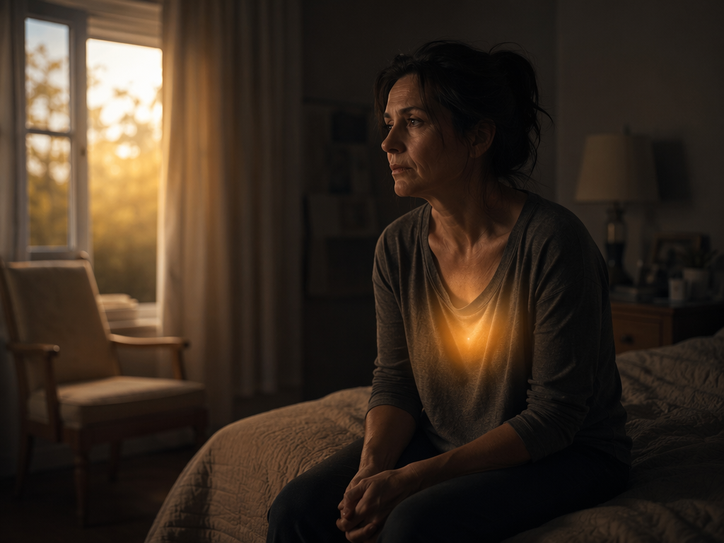 A tired midlife caregiver sitting alone on a bed with a distant, guilty expression