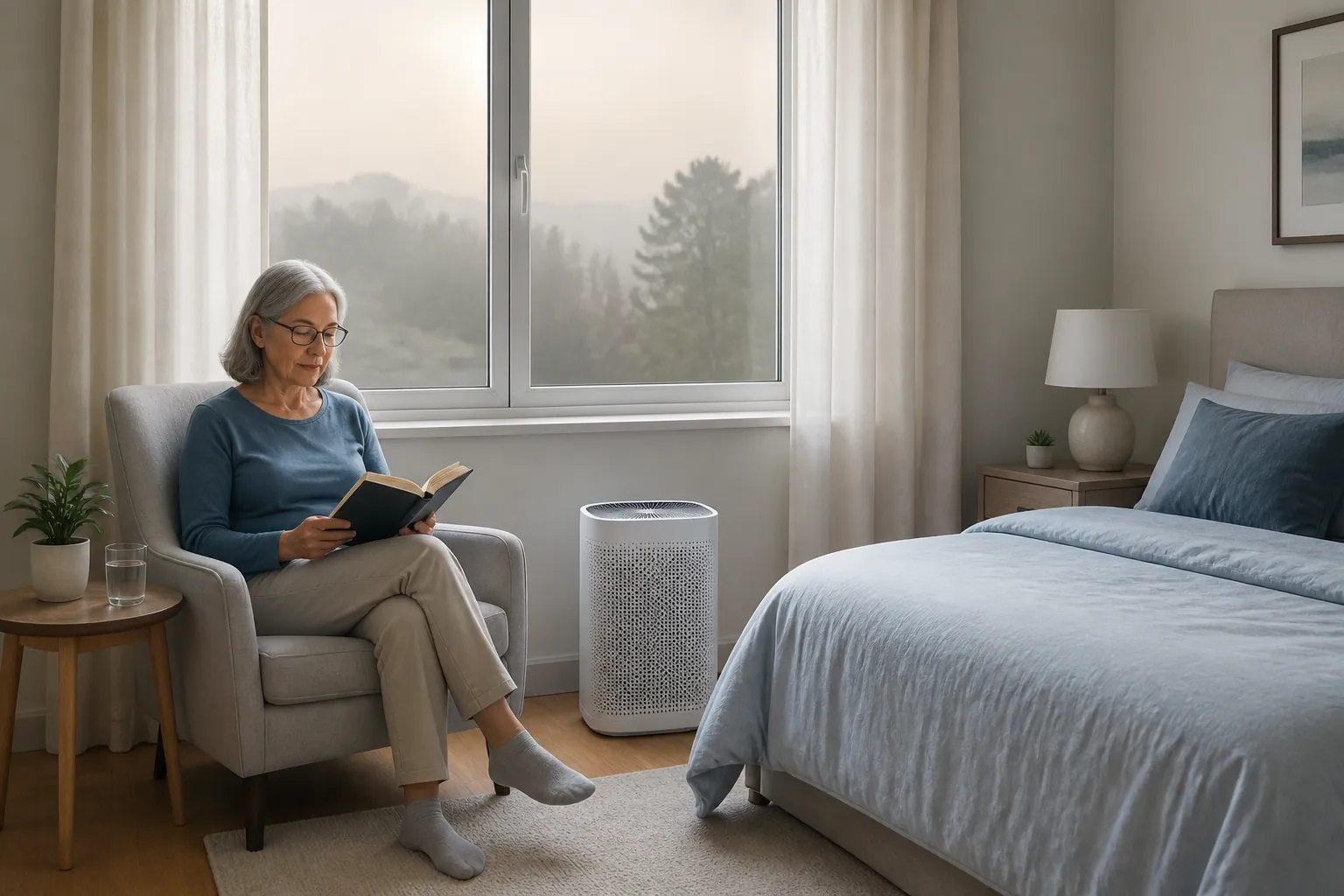 A bedroom set up as a clean air room with a portable HEPA purifier, closed windows, and an older adult reading in a chair