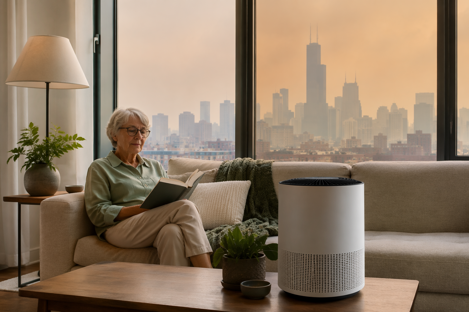 Older adult reading indoors beside a HEPA air purifier while wildfire smoke hazes the Chicago skyline outside