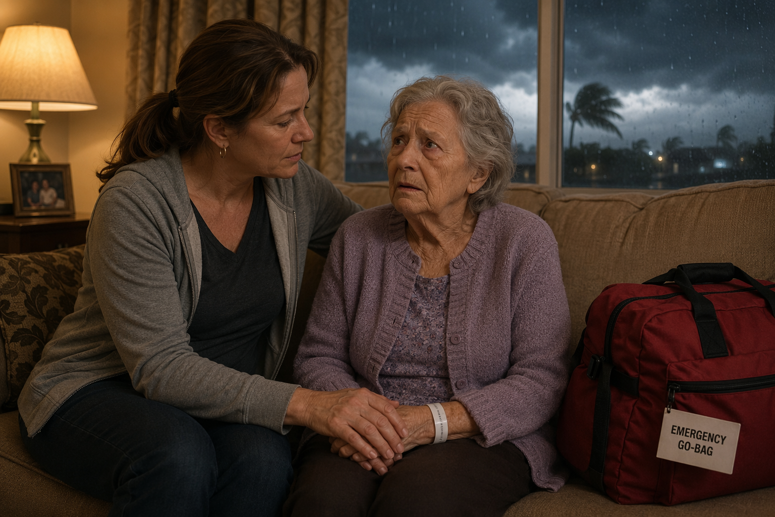 Caregiver holding the hand of an anxious older woman beside an emergency go-bag as storm clouds gather outside