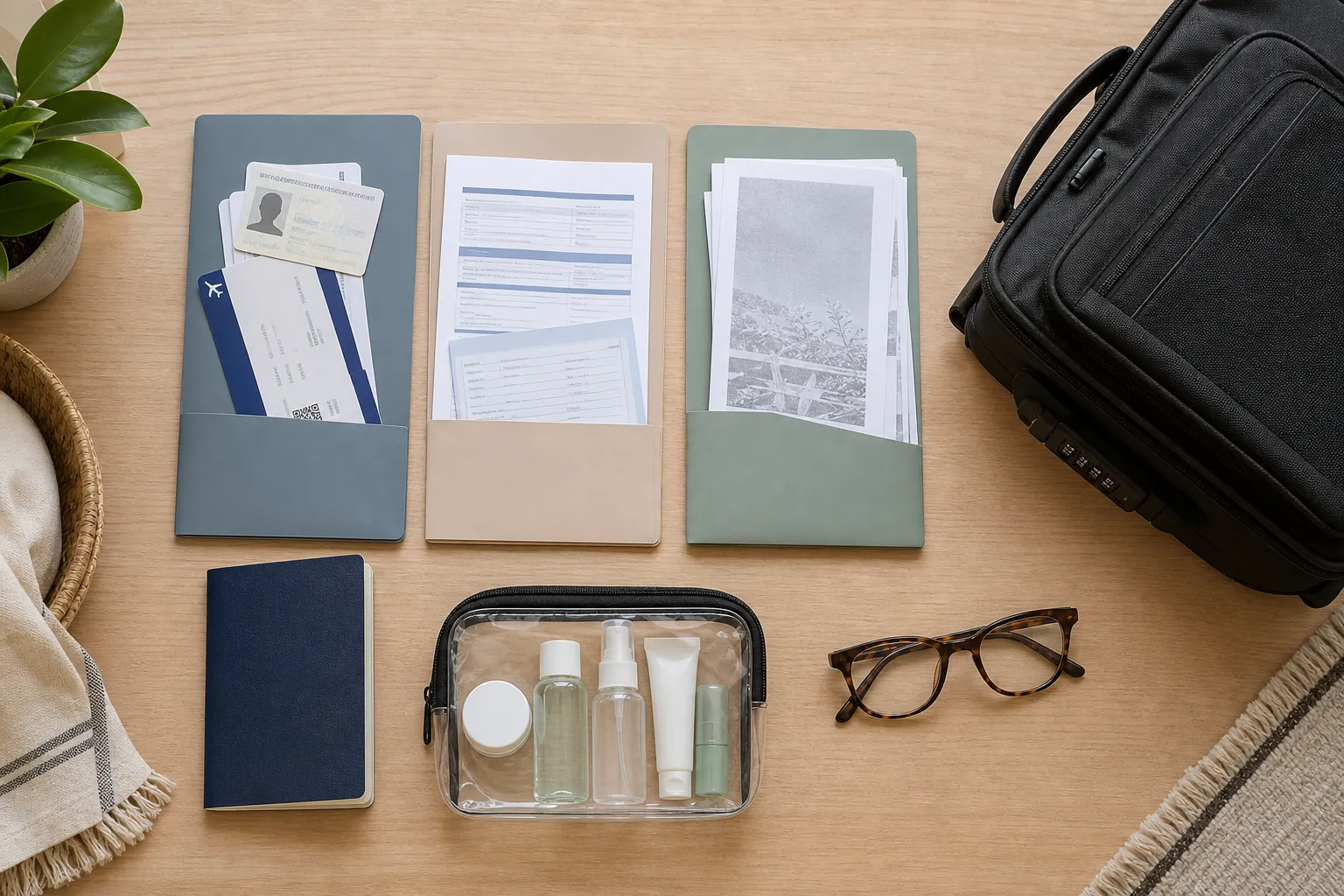 Three organized travel document folders beside a carry-on bag, passport, liquids pouch, and reading glasses