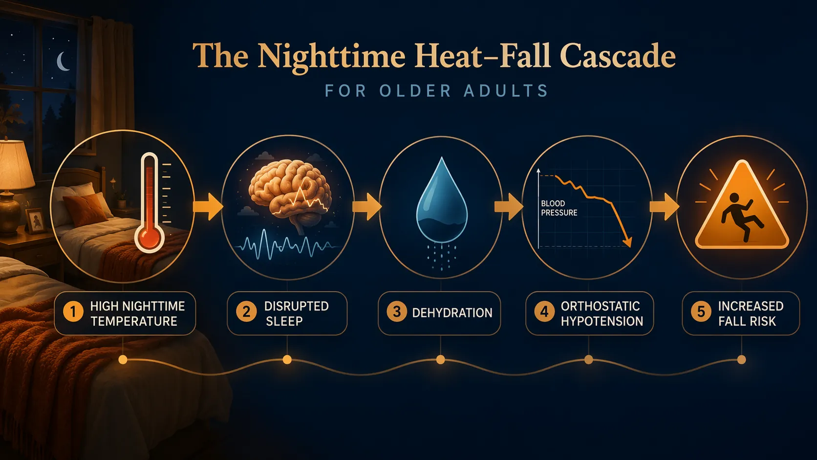 Infographic showing the nighttime heat-fall cascade from warm bedroom to disrupted sleep, dehydration, blood pressure drop, and fall risk