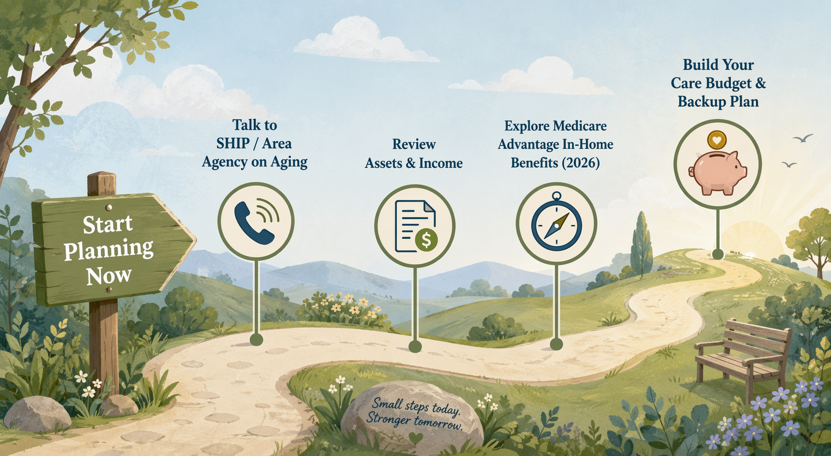 Illustration showing a planning path with milestones for SHIP contact, asset review, Medicare Advantage exploration, and care budget building.
