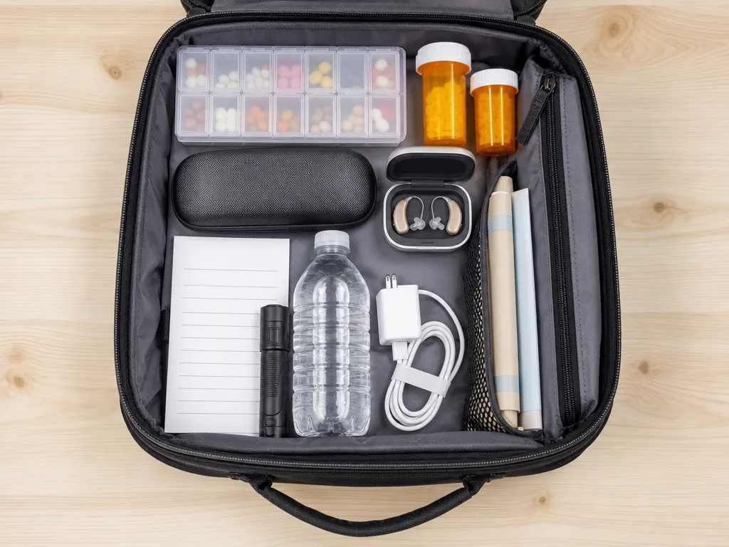 An older adult's flood evacuation go-bag with prescriptions, medication list, eyeglasses, hearing aid case, flashlight, water, charger, and documents