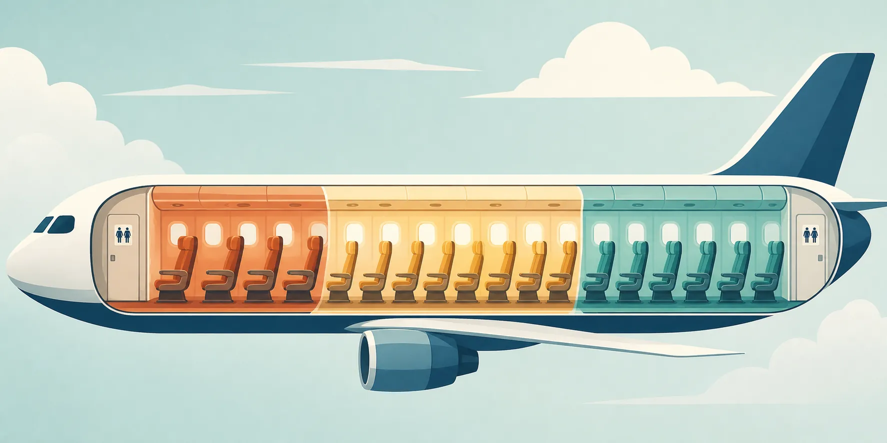 Airplane cabin side view with three color-coded seat zones and lavatory symbols near the front and rear