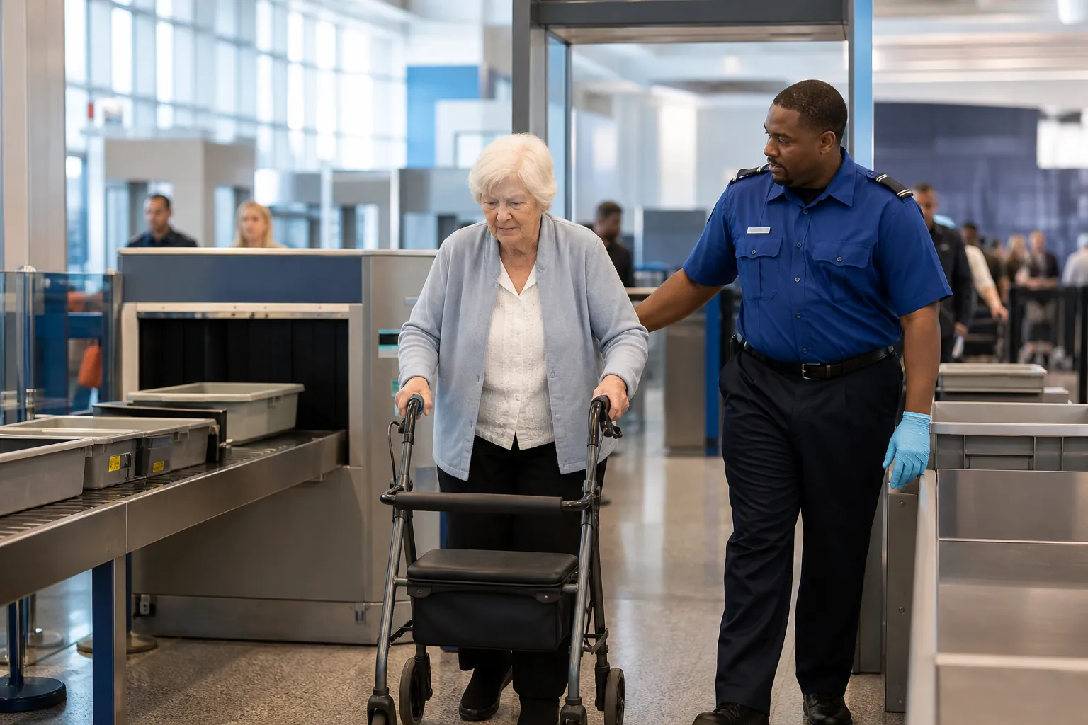 Older traveler using a rollator at an airport security checkpoint with an officer nearby