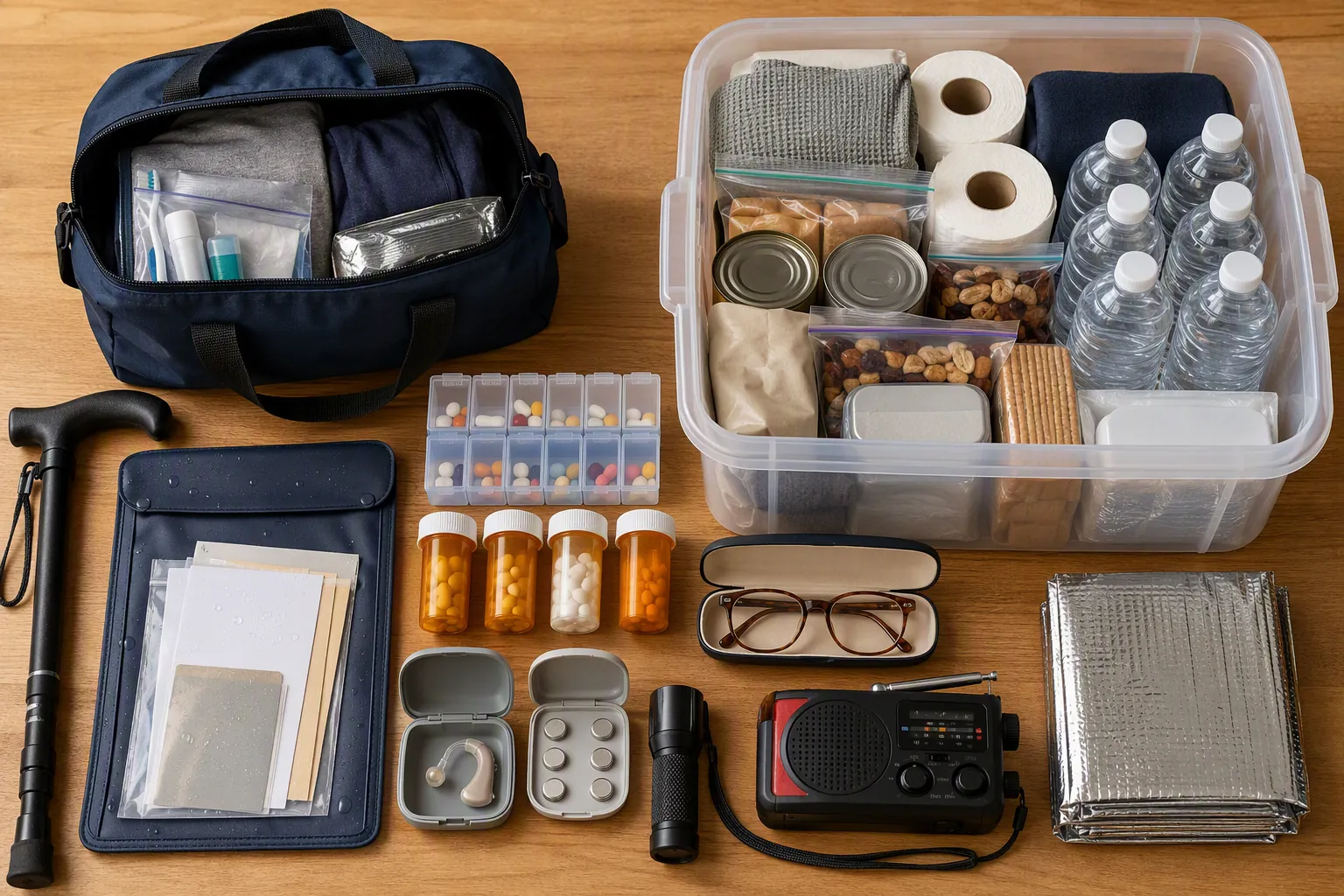 Senior-focused emergency preparedness system with a 3-day Go-Kit, 2-week home kit, medications, glasses, hearing aid supplies, cane, documents, flashlight, radio, water, and blanket
