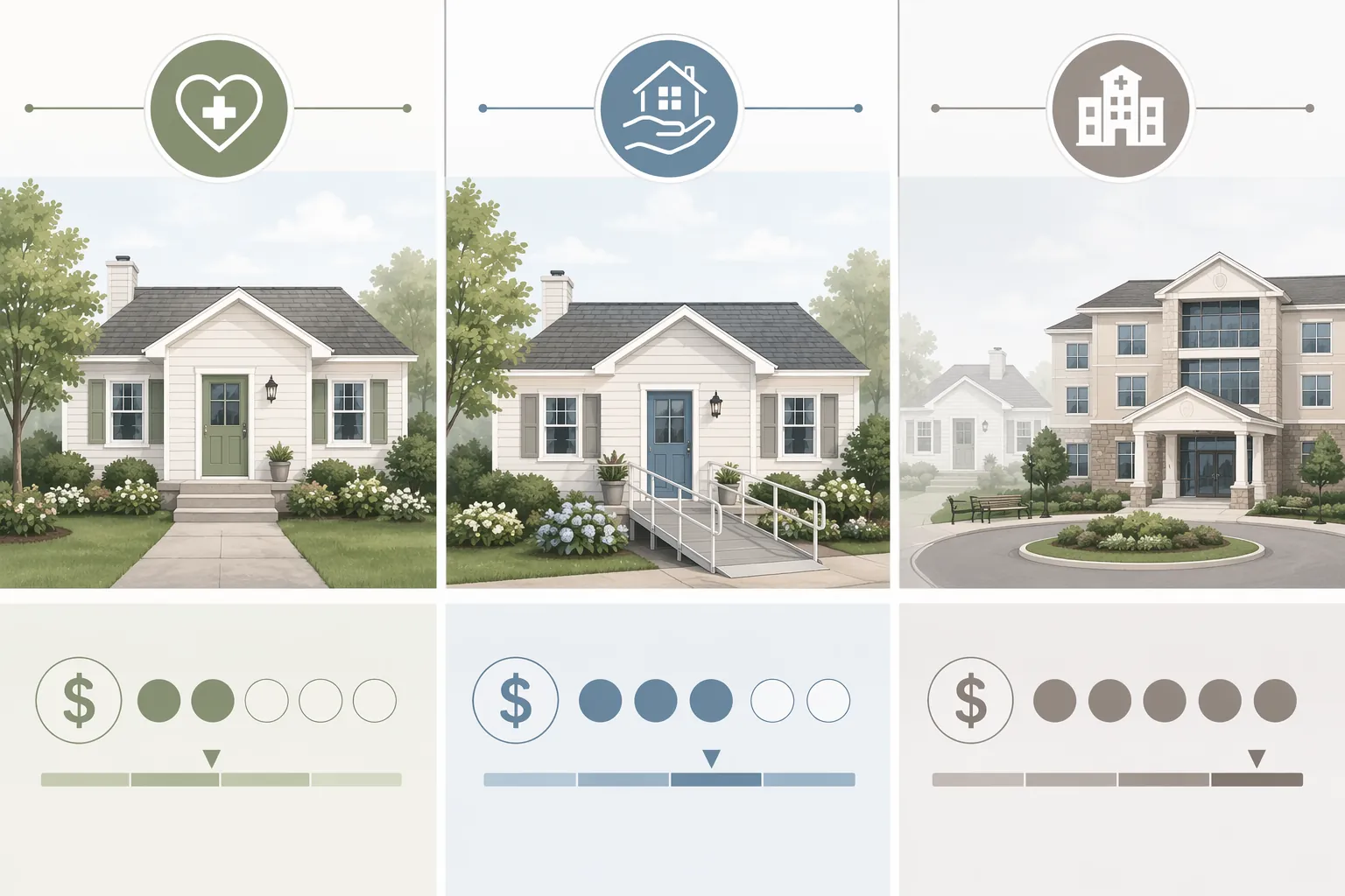 Three retirement scenarios showing healthy aging at home, moderate care needs at home, and facility transition