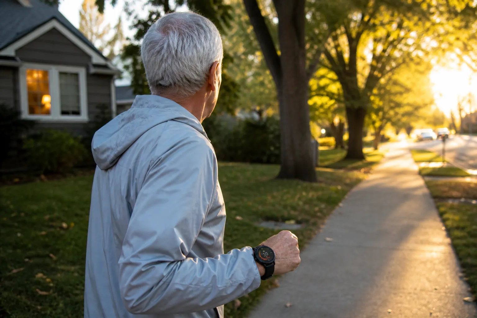 Older man walking a suburban sidewalk at golden hour while wearing a rugged sports watch
