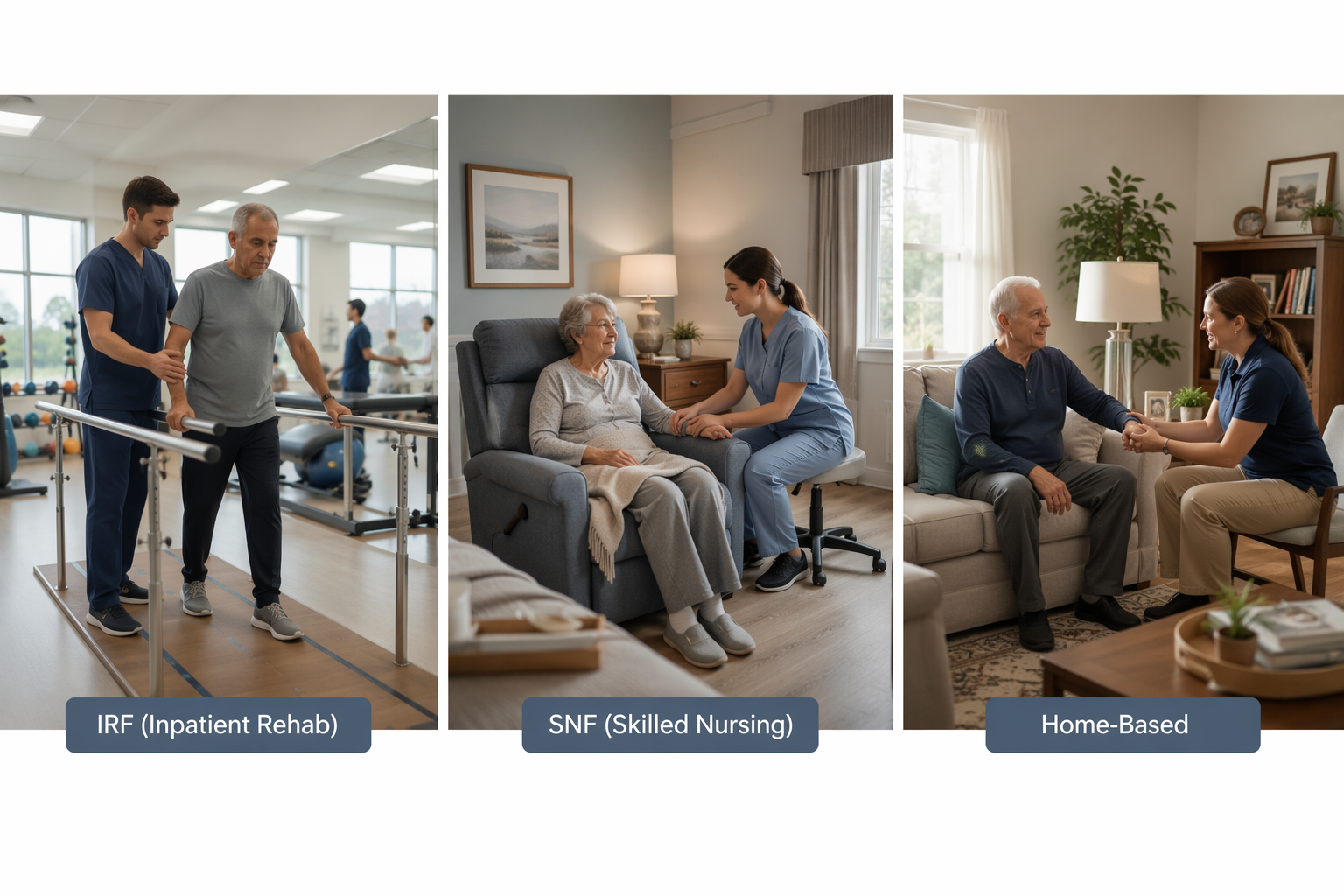 Three rehab settings compared side by side: intensive inpatient therapy, skilled nursing care, and therapy at home.