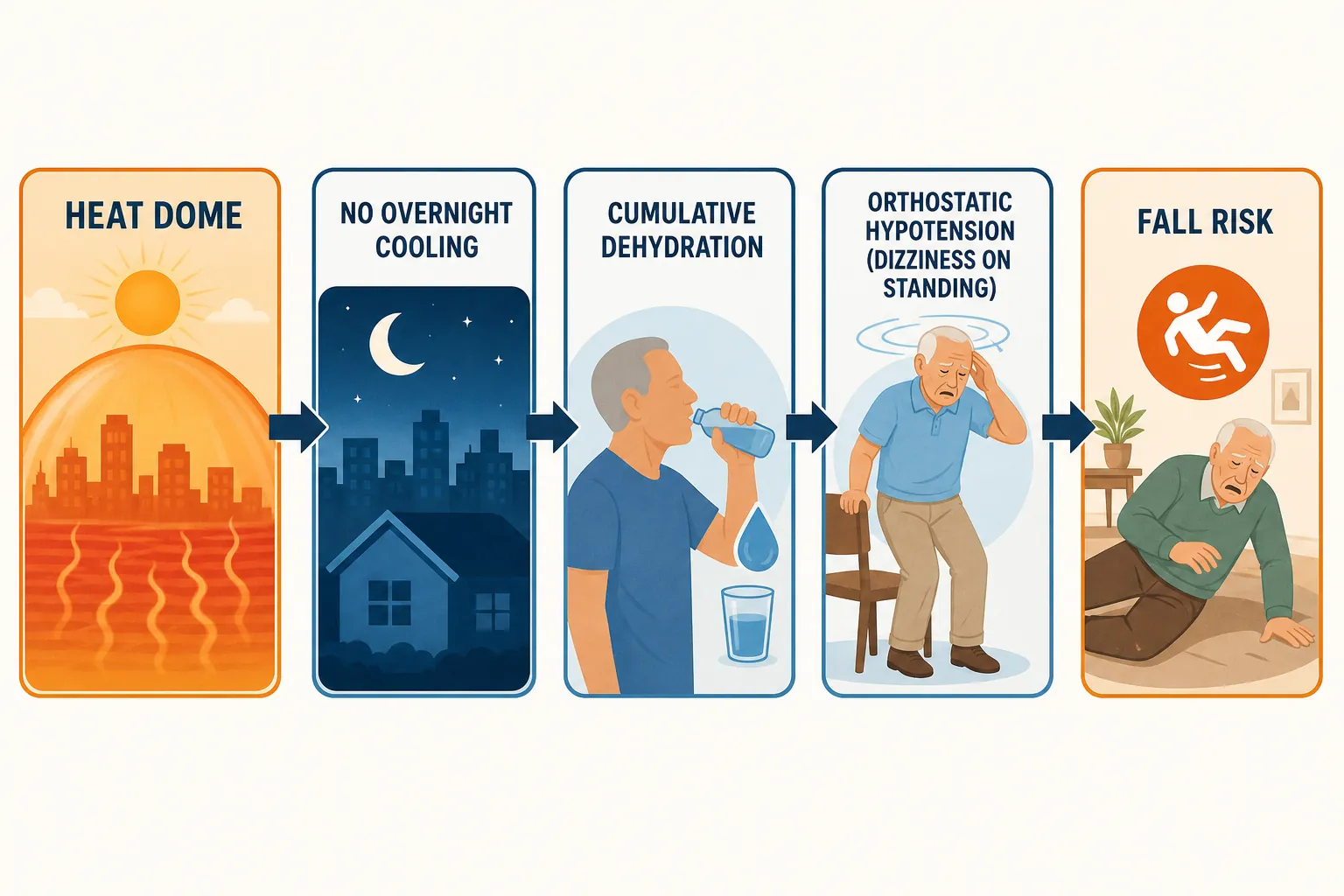 Flowchart showing heat dome leading to no overnight cooling, cumulative dehydration, orthostatic hypotension, and increased fall risk