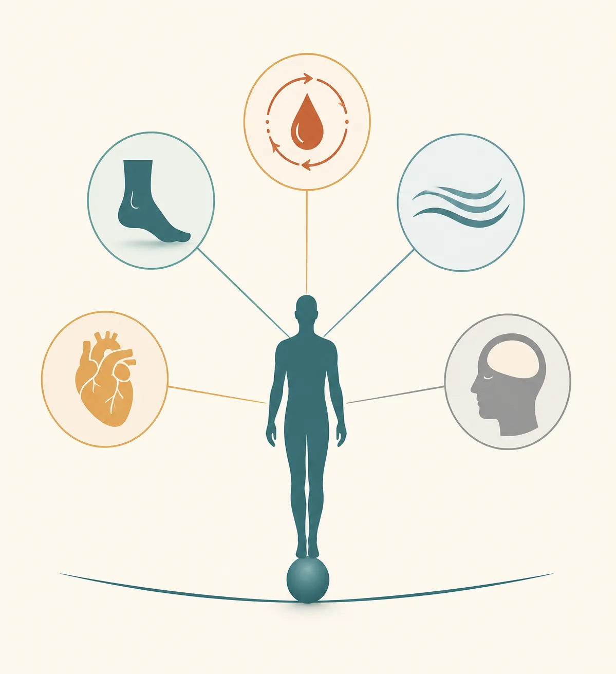 Infographic-style icons for foot sensation, blood, heart, movement, and cognition connected to balance