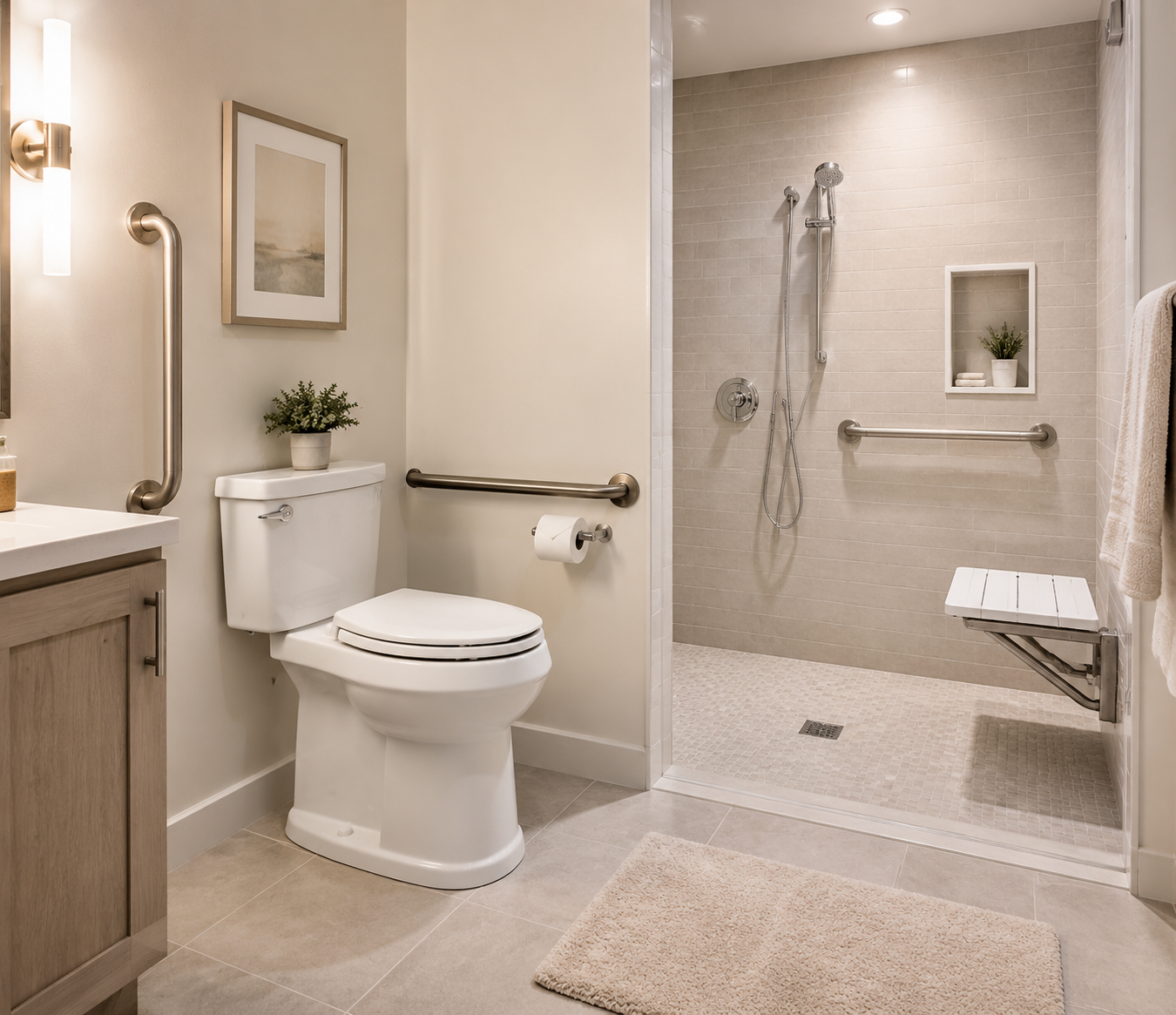 Accessible bathroom with raised toilet, wall grab bar, walk-in shower, shower seat, and non-slip flooring