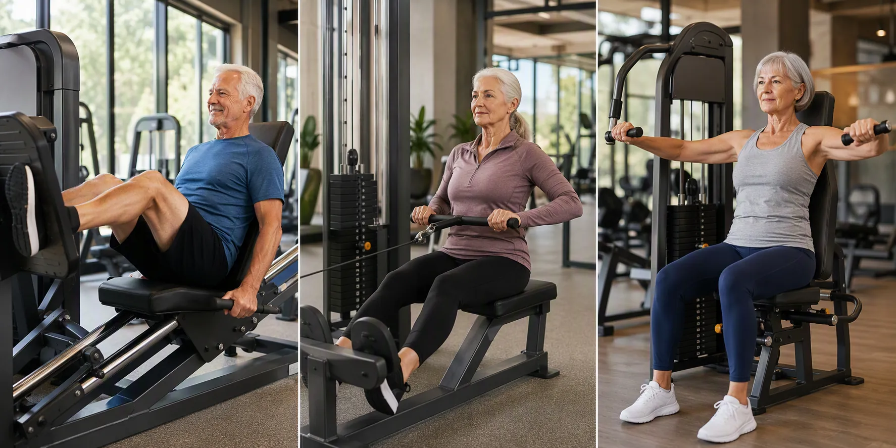 Older adults using a seated leg press, seated cable row, and machine lateral raise in a gym