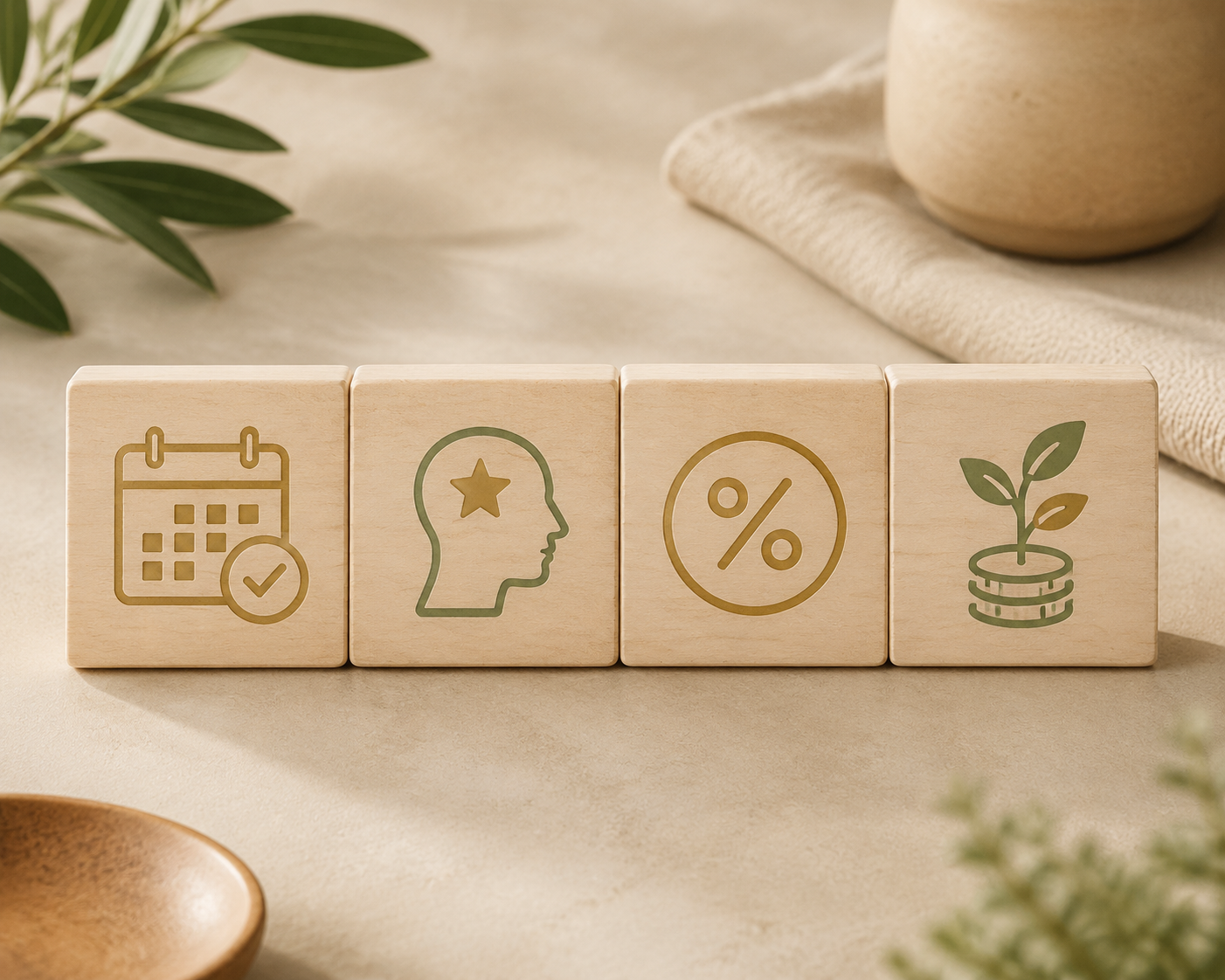 Wooden blocks showing icons for RMD planning, human advisor access, low fees, and retirement income preservation
