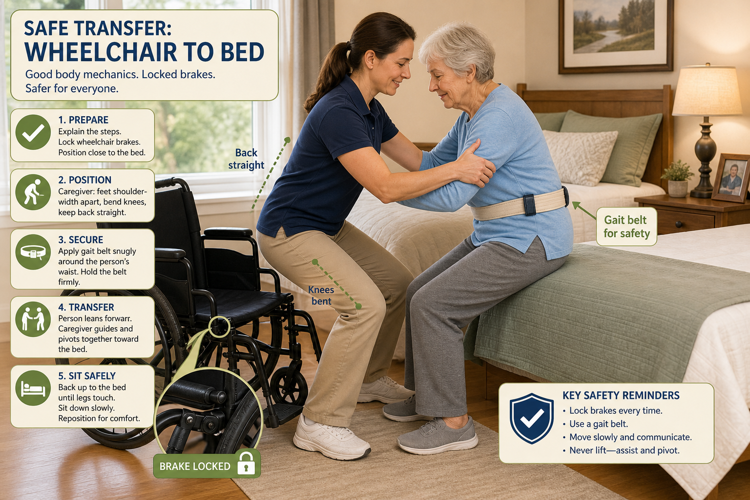 Caregiver with proper body mechanics — knees bent, back straight — assisting an older adult in a wheelchair-to-bed transfer, with a gait belt visible and wheel locks clearly engaged.