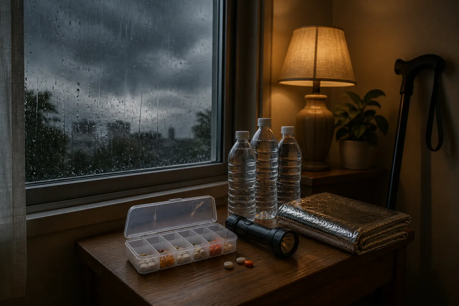 Prepared home corner with pill organizer, flashlight, bottled water, emergency blanket, and cane by a rainy window