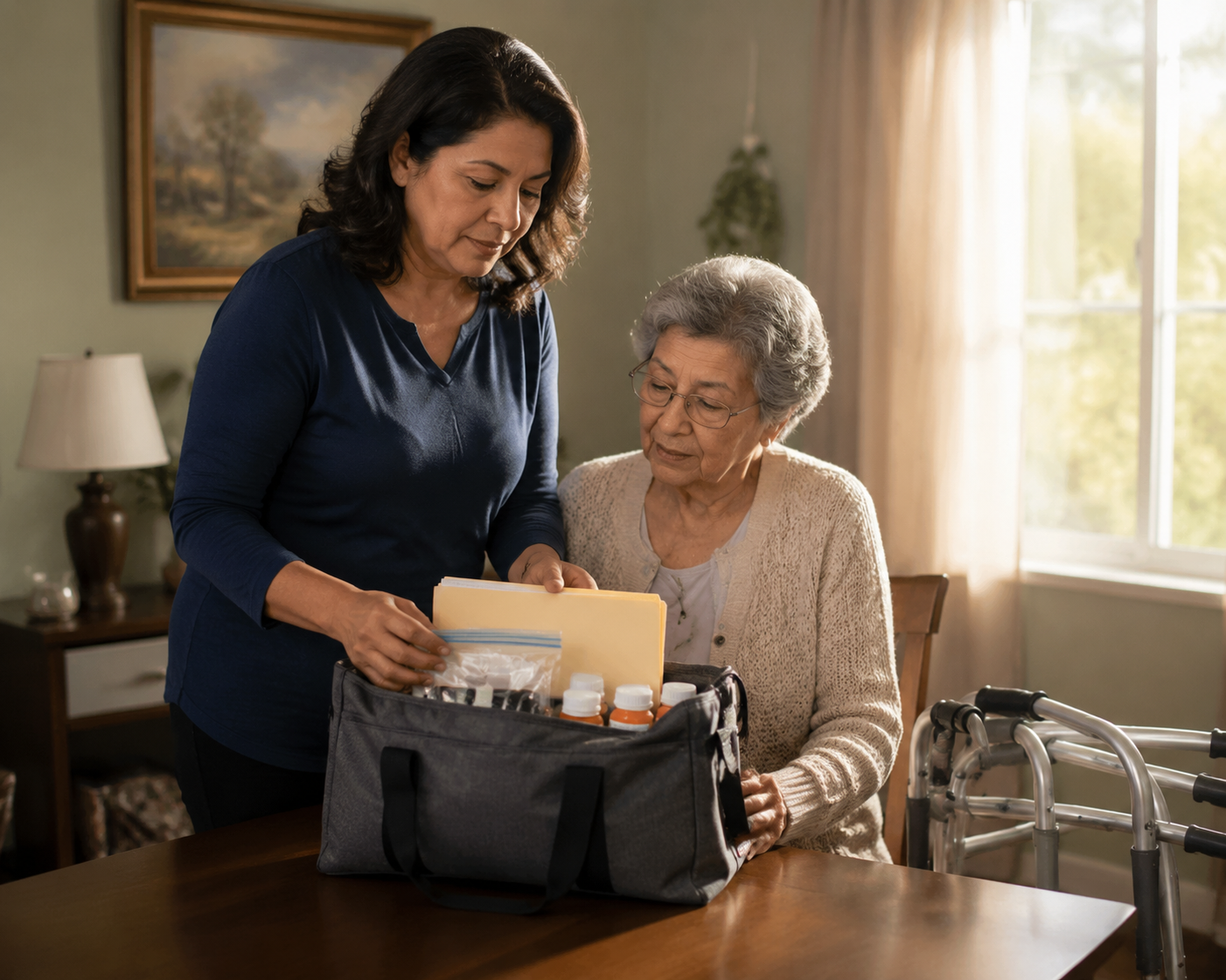 A caregiver beside an older adult with a packed evacuation bag, medication bottles, a document folder, and a folded walker