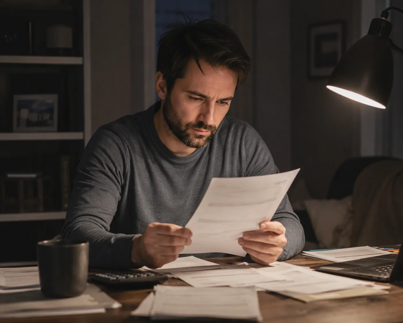 Adult child reviewing bank statements and bills late at night with a worried expression