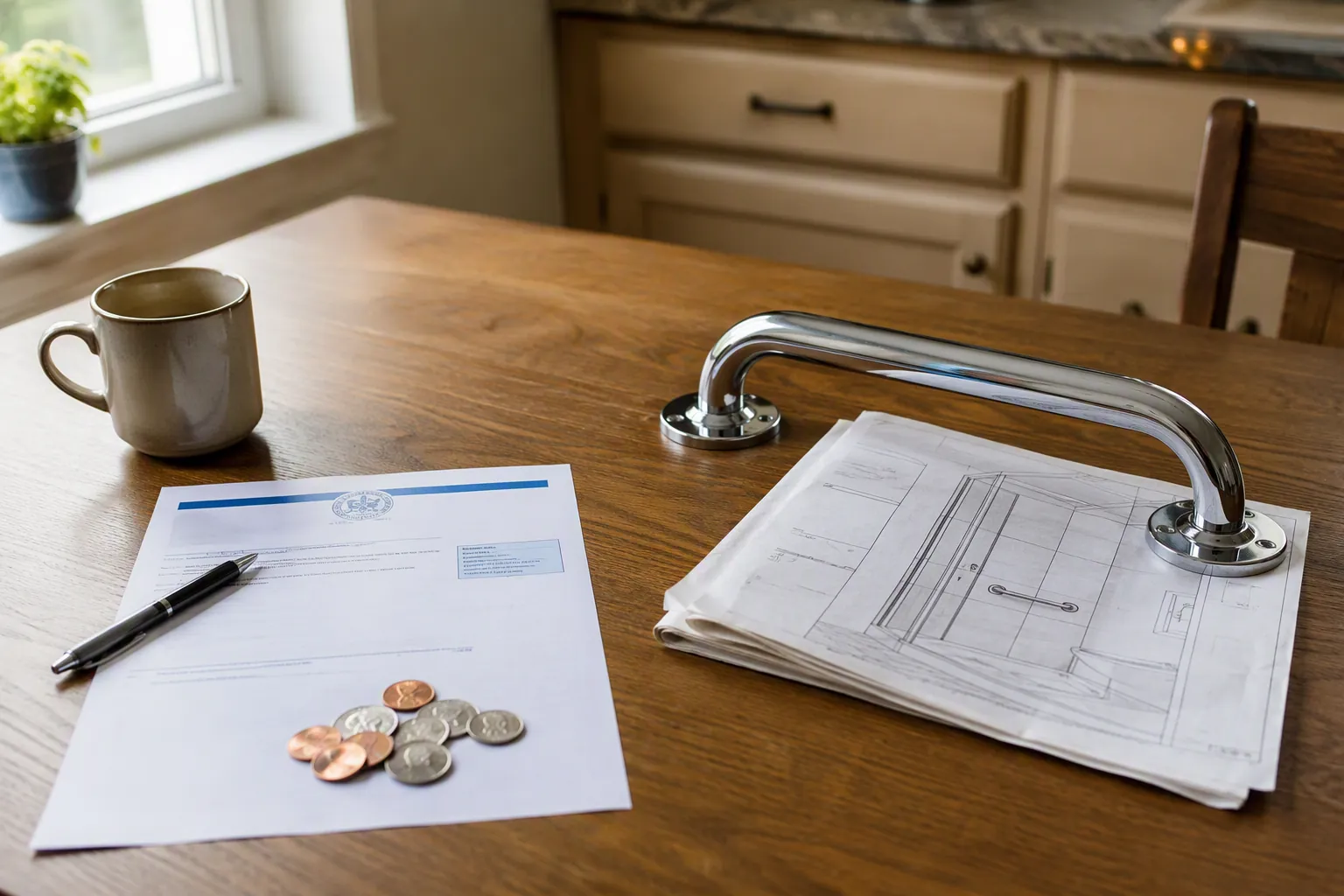 Social Security letter, grab bar, contractor estimate, pen, and coins on a kitchen table