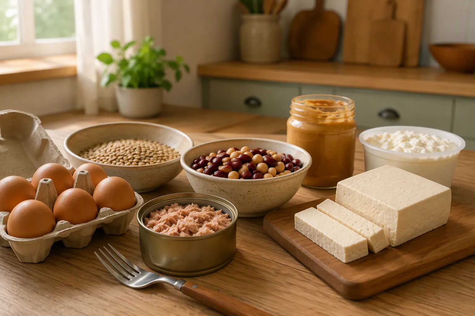 Low-cost protein staples on a kitchen counter, including eggs, lentils, beans, tuna, peanut butter, cottage cheese, and tofu
