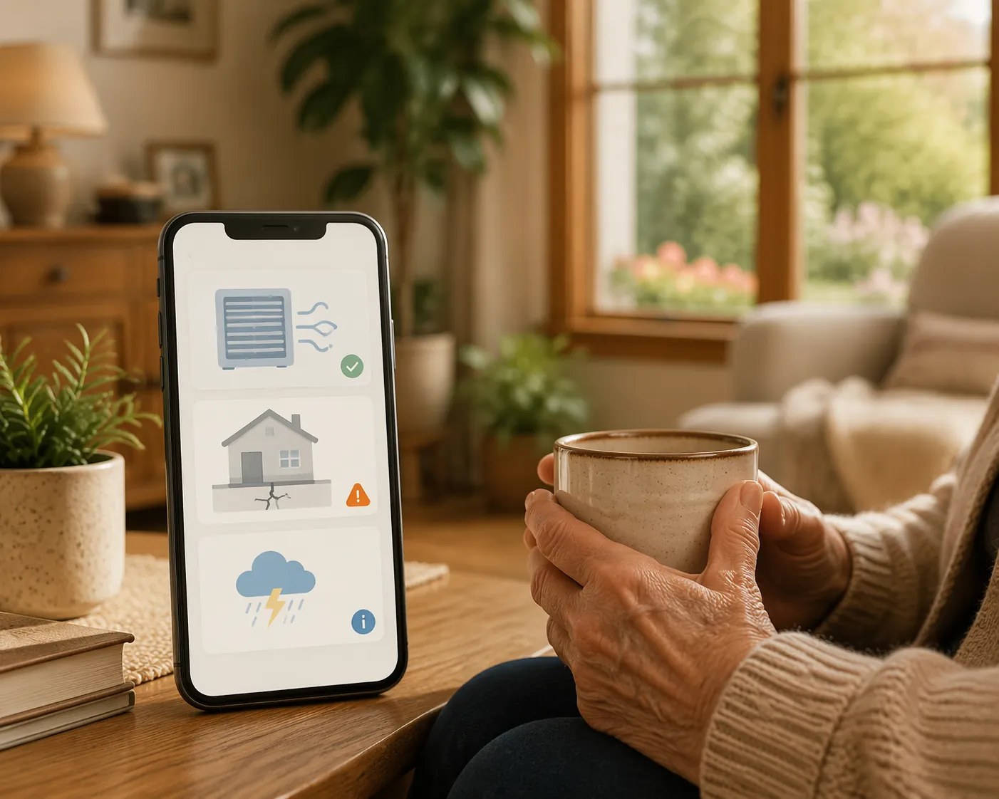 Smartphone displaying a home maintenance dashboard beside an older adult holding a coffee mug in a sunny living room