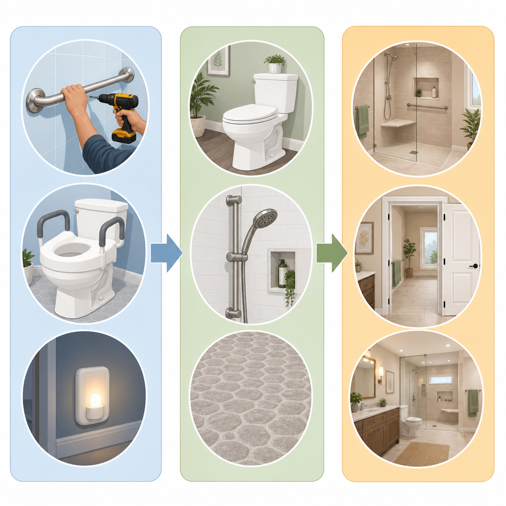 Three-panel visual showing the phased bathroom upgrade approach: Panel 1 (blue) shows grab bar, raised toilet seat, and night light icons for under $500 fixes; Panel 2 (green) shows comfort-height toilet, handheld showerhead on slide bar, and non-slip flooring icons for $1,000-$3,000 upgrades; Panel 3 (amber) shows curbless walk-in shower with bench, widened doorway, and full renovation scene for $5,000-$25,000 renovations.