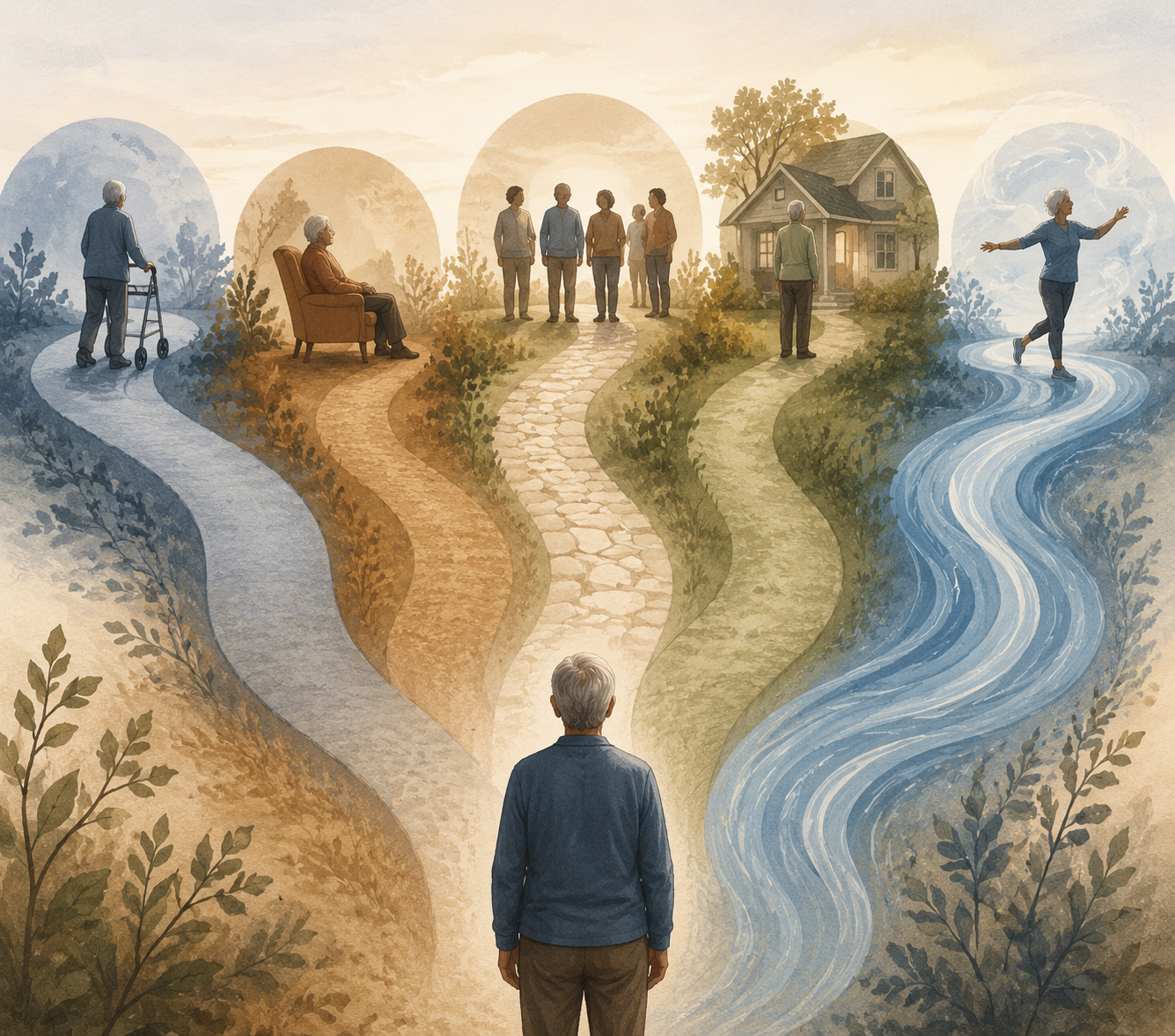 Five different pathways leading toward different older adult silhouettes