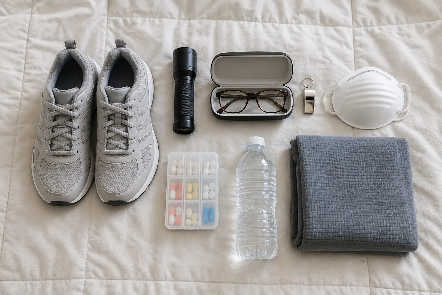Bedside emergency kit with sturdy shoes, flashlight, glasses, whistle, dust mask, medication organizer, water, and blanket