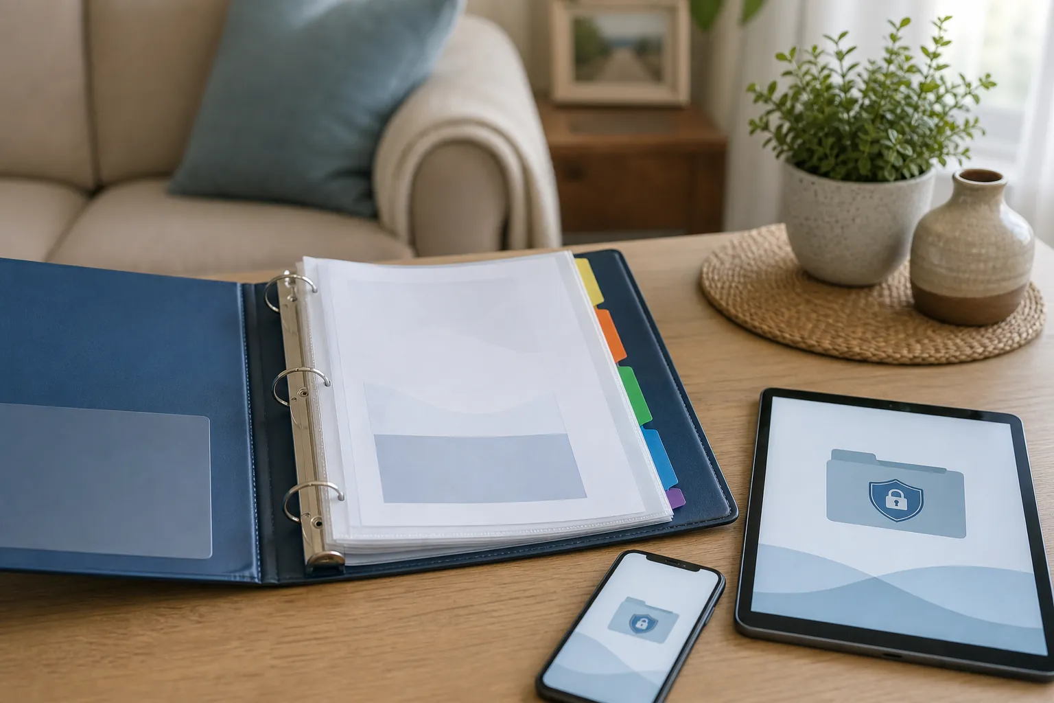 An open emergency document binder beside a smartphone and tablet showing secure digital access