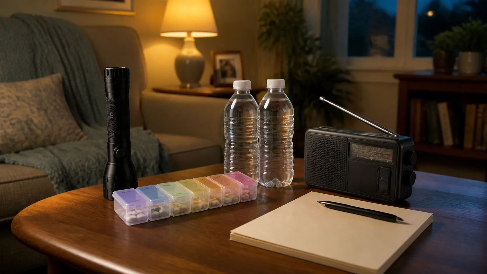Emergency supplies on a table in an older adult's living room, including a flashlight, medication organizer, bottled water, radio, and checklist