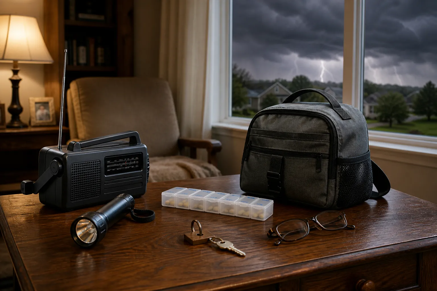 Preparedness supplies for an older adult arranged on a table as storm clouds gather outside