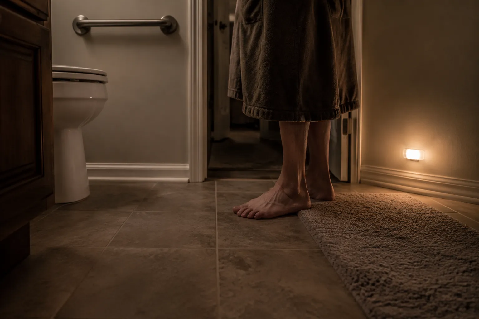 Dim bathroom and hallway at night with bare feet near a bath mat edge, a nightlight, and a grab bar beside the toilet