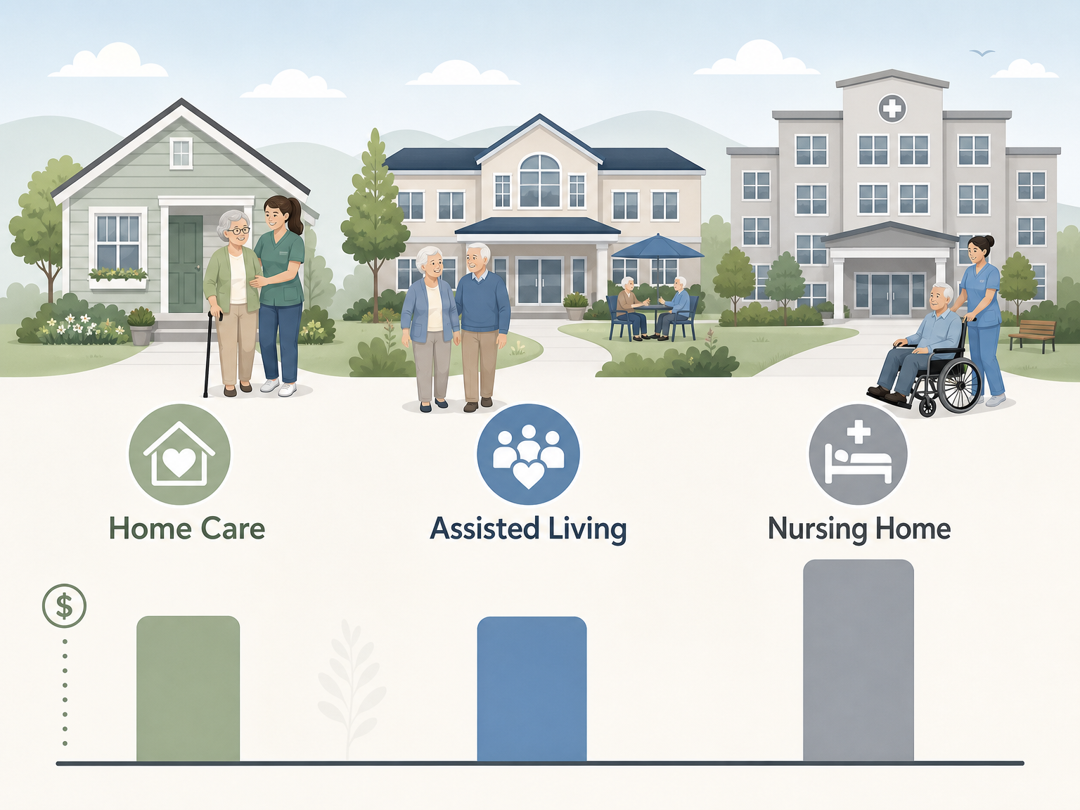 A flat vector illustration comparing three senior care settings side by side: Home Care (house icon with caregiver), Assisted Living (community building), and Nursing Home (larger facility). Below each setting, colored bar indicators show relative annual cost levels, with the nursing home bar the tallest.