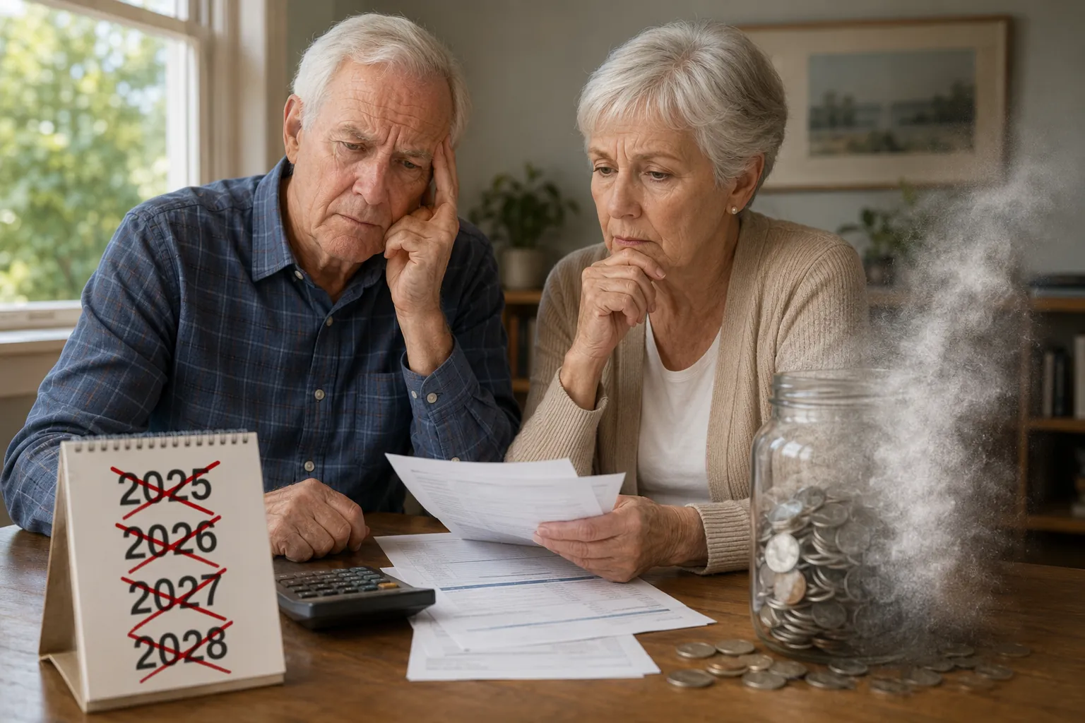 Senior couple reviewing tax documents beside a calendar marked 2025 through 2028 and a jar labeled $6,000