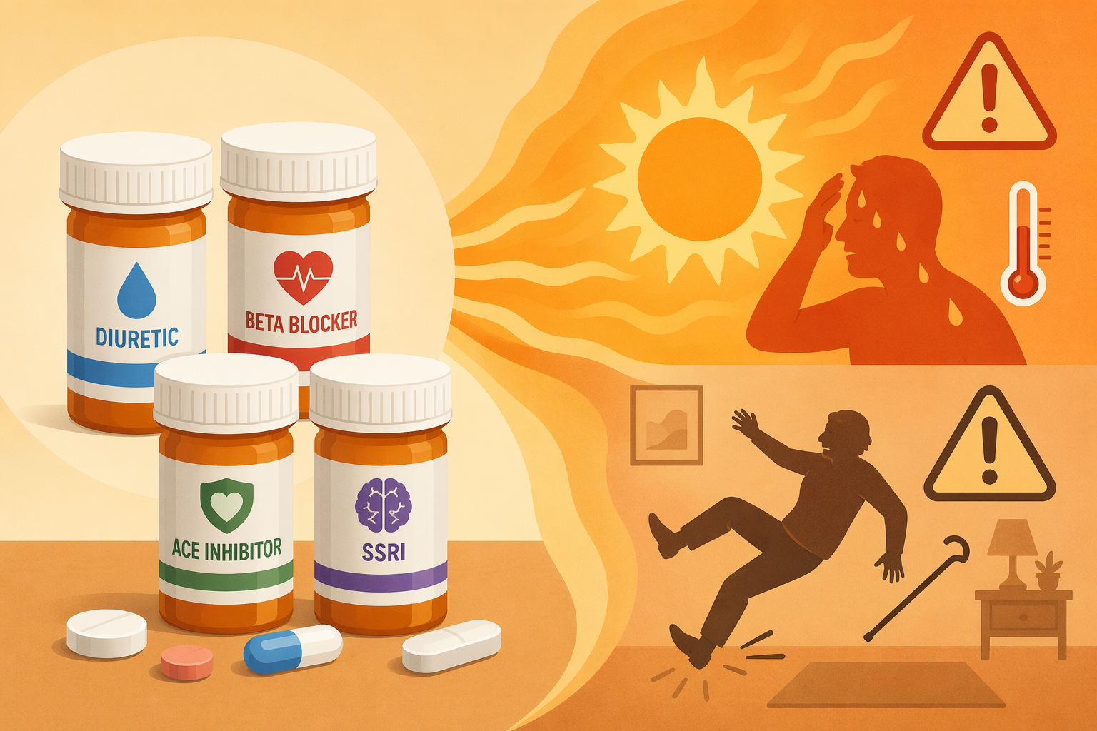 Medicine bottle illustration showing heat and fall-risk warnings for common medication classes